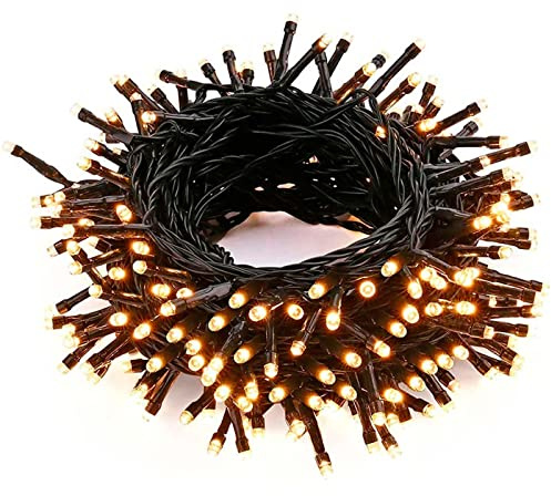 AC - Tira de 100 Luces Leds para decoración a Pilas (no Incluidas) - Apto para Interior y Exterior - Función de luz foja e Intermitente - 8 Metros - Color Luz Cálida
