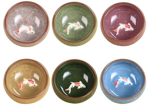 OUNONA 6Pcs Ceramic Fish Tea Cup Set Ice Cracked Design Teaware for Home Office Party Entertaining with Heat Insulation Assorted Patterns