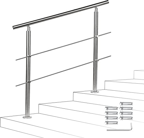 Fiqops Pasamanos de acero inoxidable 100 cm, barandilla interior con 2 travesaños, pasamanos para escaleras interiores y exteriores, barandilla exterior, barandilla de acero inoxidable exterior, para