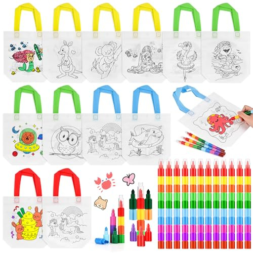 Tigvio 12pcs Taschen zum Bemalen für Kinder mit 10 Farben Wachsmalstifte | DIY Graffiti Non-Woven Stoffbeutel Mit 12 x 10 Farben in 1 Stapelbare Wachsmalstifte, Beutel für Kindergeburtstag
