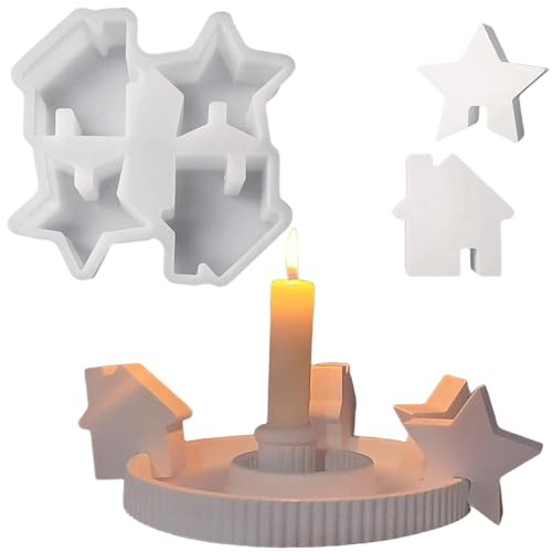Silikonformen Gießformen, Silikonform Kerzenhalter Tablett, Kreative Kombinationen Silikon Gießform Kerzenhalter, Gipsformen zum Gießen（Sterne und Haus）