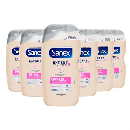 Sanex Expert Skin Health+ Micellar Hypoallergenic Shower Gel 450ml X 6- For Sensitive Skin - Body Wash For Men & Women - Helps Protect Skin From Pollution - Gentle Antioxidant Formula - with Vitamin E
