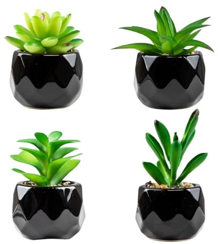ANCDTVV Lot de 4 mini plantes succulentes artificielles en pot en céramique noire - Décoration de bureau pour salle de bain, salon, bureau (Vert-4)