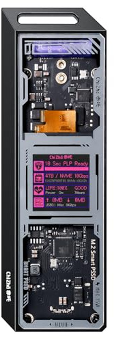 Chizha Boîtier SSD M.2 NVMe Intelligent avec Écran, Protection Coupure Courant 10s, Santé & Durée de Vie SSD, USB 3.2 Gen2 10Gbps, pour 2230/2242/2260/2280, Jusqu’à 4To