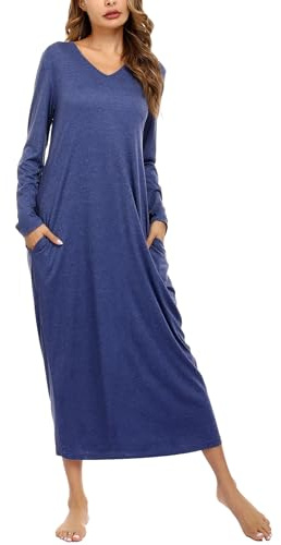 Sykooria Camicia da Notte Manica Lunga Donna a V Camice da Notte in Cotone Lungo Camicia da Notte Invernale con Tasche,Pigiama Comodo Ampio Tinta Unita Abbigliamentoda Casa a_Blu Navy 3XL