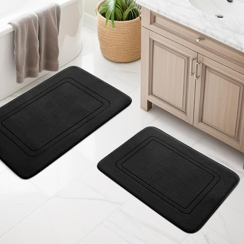Set di 2 tappetini da bagno, morbidi tappetini da bagno in memory foam, antiscivolo, lavabili, set di tappeti da bagno, per WC, doccia e vasca da bagno, colore nero