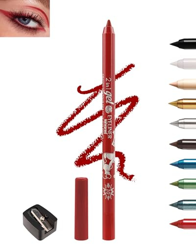 Roter Gel Eyeliner, Cremig Matte Wasserfest Kajalstift Red Langanhaltend | Wischfeste Augenstift mit Anspitzer, Hochpigmentierter Mkroglitter Lidschattenstift, Veganer Augen Makeup für Weihnachten