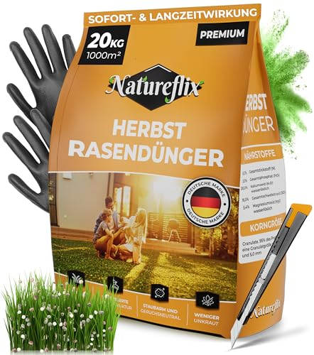 Natureflix Herbstdünger Rasen + GRATIS HANDSTREUER | (20kg für 1000m²) Herbstrasendünger staubarm | mit Winterschutz | Körnung 2–5 mm | Rasendünger Herbst ist Kind- & tierfreundlich