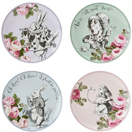 MIKASA and The V&A Side Plates, Set of 4 Cake Plates for Afternoon Tea, 21cm, Bone China, Alice in Wonderland Teaware, Dishwasher Safe & Gift Boxed