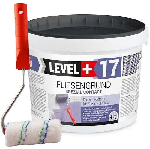 Level + 17 Fliesengrund Spezial Contact für Fliese auf Fliese - Spezial-Haftgrund mit Quarzsand für Fliesen, Glasmosaik, Naturstein - Grundierung für Innen & Außen - Lösemittelfrei - 4kg & Farbroller