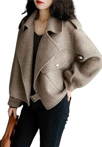 Cappotto Corto di Lana da Donna Tendenza della Moda Cappotto Casual con Risvolto Sciolto Autunno e Inverno Elegante Ufficio Business Giacca a Vento con Bottone a Maniche Lunghe (Colore 1,L)