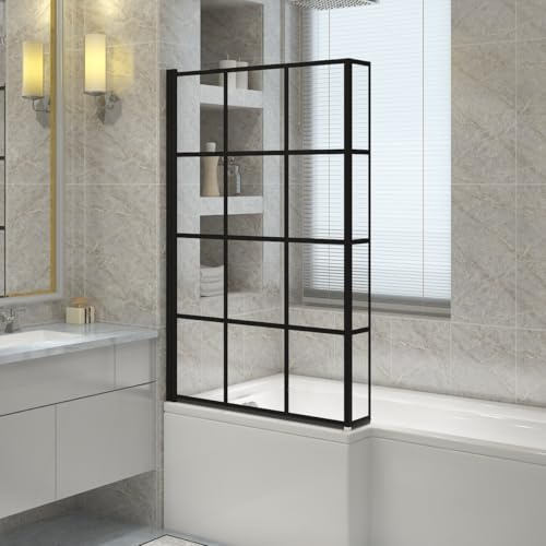 NRG 1400mm L Shaped Grid Bath Screen with Fixed Return Black Framed Glass | Bath Screens, Safety Glass, Durable, Easy to Clean