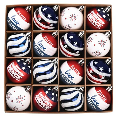 Valery Madelyn 4th of July Tree Decorations for Patriotic Memorial Day Ornaments, 16ct 2 Inches Red White Blue Shatterproof Americana Hanging Ball Decor for Independence Day USA 250th Anniversary