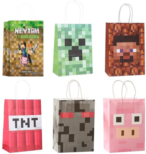 Miner Geschenkbeutel Miner Kraftpapiertüte Candy Tüten 12 Stück Gamer Party Geschenktüten Papier Papiertüten Mit Henkel für Kinder Jungen Mädchen Geschenke Party Zubehör (21x15x8 CM)