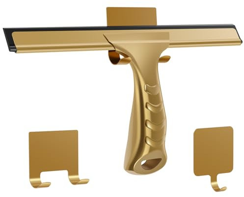 Escobilla de ducha, escobilla de ventana de acero inoxidable, multiusos para puerta de cristal de ducha, espejo, baño, 10 pulgadas, multiusos con 2 ganchos adhesivos/cuadrados para limpieza (dorado)