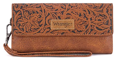 Montana West X Wrangler Western-Geldbörsen für Damen, dreifach gefaltete Handgelenke, große Kapazität, Clutch-Geldbörse mit Münzgeldbörse, Werkzeug-Braun, Western
