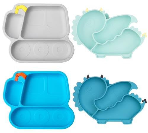 nohlerlife Lot de 4 Assiettes pour tout-petits en silicone avec Compartiments, incassable Antidérapantes assiette bebe Pour les tout-petits et l'auto-alimentation (Excavator/Wyvern)