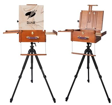DJAR Bärbart Plein Air Art staffli, bokträ justerbar resa fransk staffli med aluminiumstativ och nylonförvaringsväska för konstnärer, vuxna, valnöt