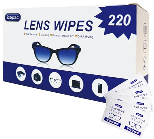 glass Wipes - 220 Pre-Moistened Individual Wrapped clean Wipes | Safely Clean Glasses, Sunglasses, Phone Screen, Electronics & Camera Lens