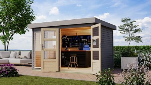CHILLROI® Karibu Gartenhaus Pentus aus nordischer Fichte Verschiedene Größen optinal mit Anbaudach, lichtdurchflutetes Design mit Flachdach (terragrau, L)