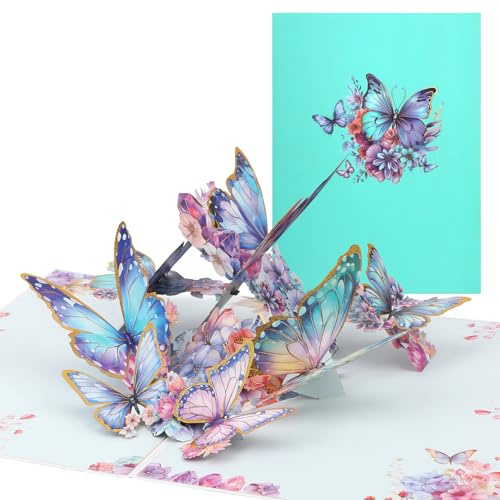 3D Pop up Butterfly Card, Gold Stamping Greeting Card with Envelope Colorful Pop up Butterfly Flower Anniversary Birthday Card Delicate Gift for Women Mum Daughter Mother’s Day Valentine's Day