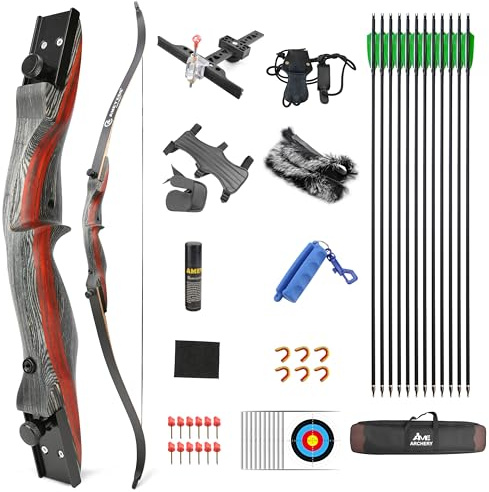 Poearcus Bogenschießen Recurve-Bogen und Pfeil-Set 62-Zoll-Takedown-Jagdbogen für Erwachsene Ziel Praxis Wettbewerb Holz Recurve-Bogen und Pfeil-Kit 20-50 Lbs