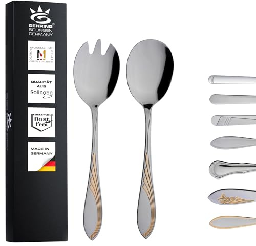 Gehring Solingen Filou Couverts à salade décorés dorés 2 pièces I Couverts en acier inoxydable I Cuillère à salade I Fourchette à salade I Couverts de service I Couverts en acier inoxydable I Passe au