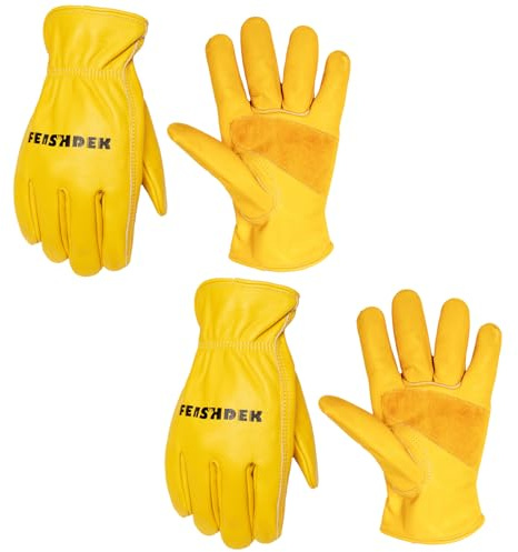 FEISHDEK Leder Handschuhe Arbeitshandschuhe Herren Gartenhandschuhe Dornenfest Damen Kaktus Schutzhandschuhe (Gelb-01-2 Pairs, Medium)