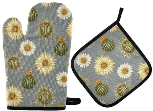 Guanti da cucina e presine alla moda Cactis girasole grigio oro resistente al calore, guanti da cucina resistenti al calore, 2 pezzi per cottura al forno barbecue