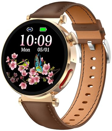 Knauermann NEO 2 (2025) - Gold Rund - Gesundheitsuhr Smartwatch - EKG + HRV Funktion - BT Bluetooth - Schlafapnoe - Blutdruck - Rindsleder Armband Braun