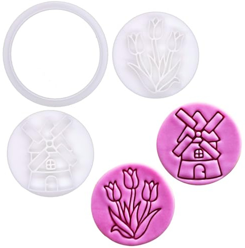 BAKERLOGY Spring Whispers - Mini 2 Cookie Cutter & Stamp Set - Tulip Garden & Windmill Design for Easter & Spring Cookies, Cupcakes & Fondant Decorations