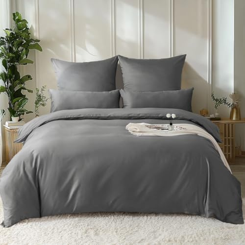 SOULFUL Satin Bettwäsche 135x200 Baumwolle Kühlend, Oeko-Tex, Kohlegrau | 100% Langstapelige Baumwolle Seidig Kühlend Bettwäsche-Set mit Reißverschluss, 1 Bettbezug 135x200 & 1 Kissenbezug 80x80