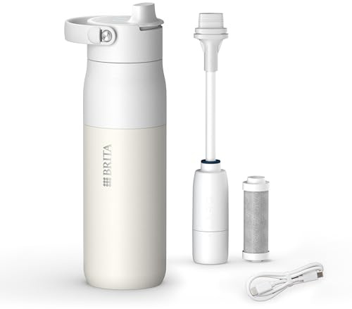 BRITA LARQ iQ Gourde filtrante connectée Blanche (680 ml), gourde inox avec application suivi hydratation, filtre charbon actif & technologie LED UV-C, réduit jusqu’à 99,99% des bactéries
