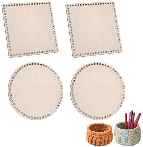 HSYTEK Korbboden zum Häkeln 4 Stück, 2 Quadrat Holzboden zum Häkelnkorb + 2 Rund Taschenboden aus Häkeln, Korb Flechten Zubehör Set für DIY Korbflechten 20cm Kunsthandwerk, Heimdekoration (Holzfarbe)