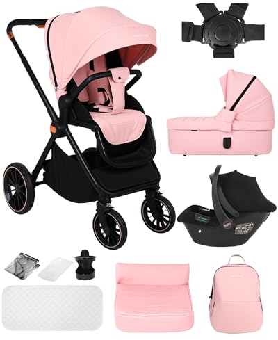 BabyVoyage 3 in 1 Kinderwagen 0-48 Monate, Buggy mit Zwei Umkehrbaren Schiebemodi, Rahmen Aluminiumlegierung, Klein Zusammenklappbar, Vollfederung, 5 Punkt Sicherheitsgurt Kinderwagen Buggy-Rosa