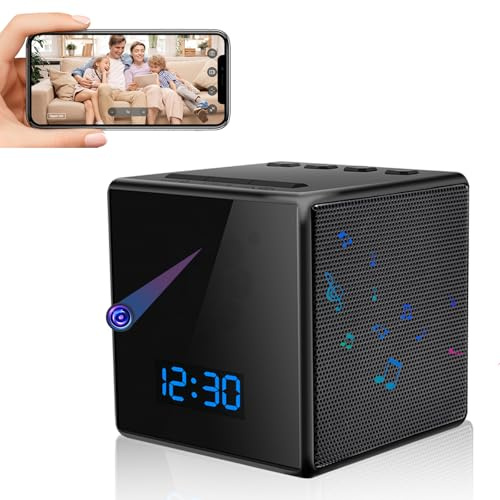 Tebetu Enceinte Bluetooth avec Caméra WiFi, Caméra Cachée Portable HD 1080P, Micro Camera Espion Intérieur/Extérieur avec Vision Nocturne, Détection de Mouvement et Lecture Musicale, Réveil