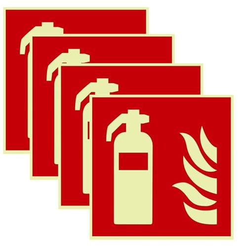 Luimode 4st Schild Feuerlöscher langnachleuchtend | PVC selbstklebend 150x150mm nachleuchtend Hinweis Piktogramm Symbol Feuerlöscherkasten für Haus, Büro, Baustelle und Auto