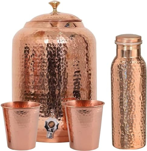 Wasserspender aus reinem Kupfer, gehämmert, ayurvedisch, gesundheitlich unbedenklich, mit 2 passenden Gläsern und 1 Kupferflasche (8 Liter)