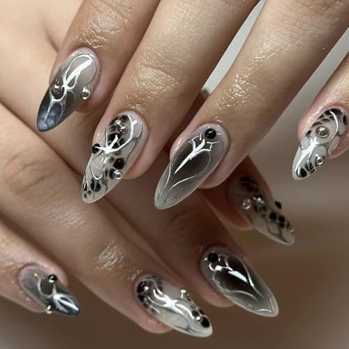 Viugex 24 Stück Nägel Zum Aufkleben Mandel, Mittellang Gothic Schwarz & Silber Fingernägel Zum Aufkleben, French Press on Nails, Acryl Full Cover Künstliche Nägel für Frauen Mädchen Nail Art
