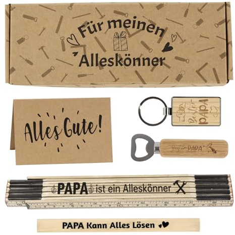 Belillpipi Bester Papa Geschenkset – Zollstock, Bleistift, Schlüsselanhänger, Bieröffner & Grußkarte in Geschenkbox | Papa Geschenke Geburtstag Vatertag Männer | Geschenkidee für Alleskönner