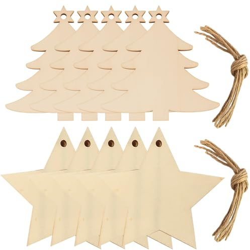 Christbaumschmuck, 60 Holzanhänger zum Basteln für Weihnachten, DIY Weihnachtsdeko mit 30 Bäumen und 30 Sternen, inklusive 60 Schnüre für personalisierte Geschenkanhänger