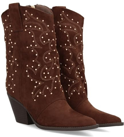 97502 Bota Cowboy para Mujer con Diseno de Cana Media con Tachuelas metalicas. Punta Fina y Tacon Cubano. Tirador Lateral y Cierre de Cremallera. Ideal Otono Invierno. Cafe Talla 39