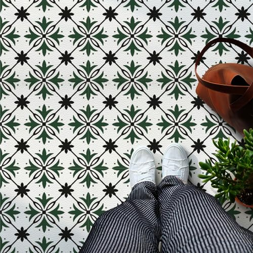 Celestdeco Black White Green Floral Floor Tiles 10Pc Leather 30x30cm