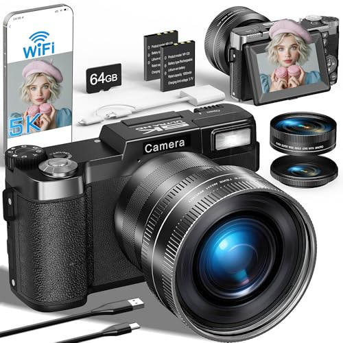 Cámara Digital, 5K 64MP Camara de Fotos con WiFi, Tarjeta de 64GB, Automático, Linterna Ajustable Pantalla Giratoria de 180° para Selfie Vlog y Principiantes, Objetivo Grande Angular y Macro 2 Pilas