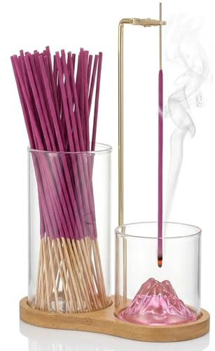 Wooden Upside Down Incense Holder with Removable Pink Mountain Ash Cup & Small Vase Function, 30 Rose Scent Incense Sticks, for Meditation Yoga Spa Zen Decor & Gifts
