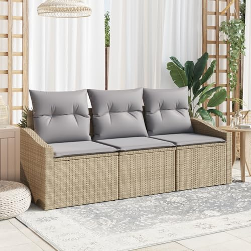 IBUQDDV 3-teiliges Garten-Sofa Set mit Kissen Beige Poly Rattan, wetterfester Outdoor-Sitzgruppe für Terrasse und Balkon, Bequeme Polsterauflagen, modernes Design, robuste