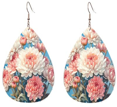 Teardrop Earring Blooming Chrysanthemums Fashionable Faux Leather Earrings Trendy Holiday Earring For Women Daily Wear Festival