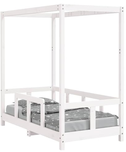 Cuna blanca de madera maciza de pino de 70 x 140 cm con somier y peldaños, convertible, con espacio de almacenamiento, para habitaciones infantiles, niños y niñas, cuna estable con protección contra