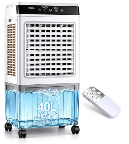Climatizador Evaporativo 40L con Mando a Distancia, Enfriador de Aire Portátil 3000m³/h para 35㎡, 3 Velocidades, Temporizador 7.5H, Oscilación Automática, 3 Paneles y 2 Cajas de Hielo, 100W