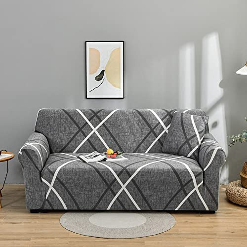 Sofa Überzug 3 Sitzer Elegant Grau Weiß Sofahusse Spandex Elastischer Sofa Cover 3 Seater Couch Überzug mit Anti Rutsch Sofabezug Möbelschutz Couchüberzug Abwaschbar Sofaüberzug Couchbezug